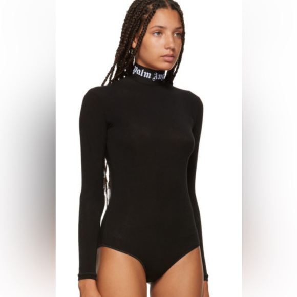 RARE PALM ANGELS Sz S logo tape high neck, bodycon stretchy bodysuit snap crotch - Picture 4 of 10